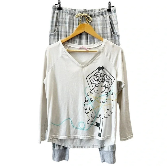 La Vie en Rose Pajama Set 2PC Sleepwear Long Sleeve Top PJ Pants White Grey Smal - Picture 1 of 14